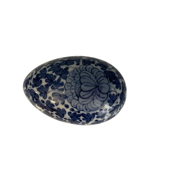 Porcelain Egg Trinket Box Dish Hand Painted Blue White Lotus Flower Asian Taiwan - Picture 7 of 11